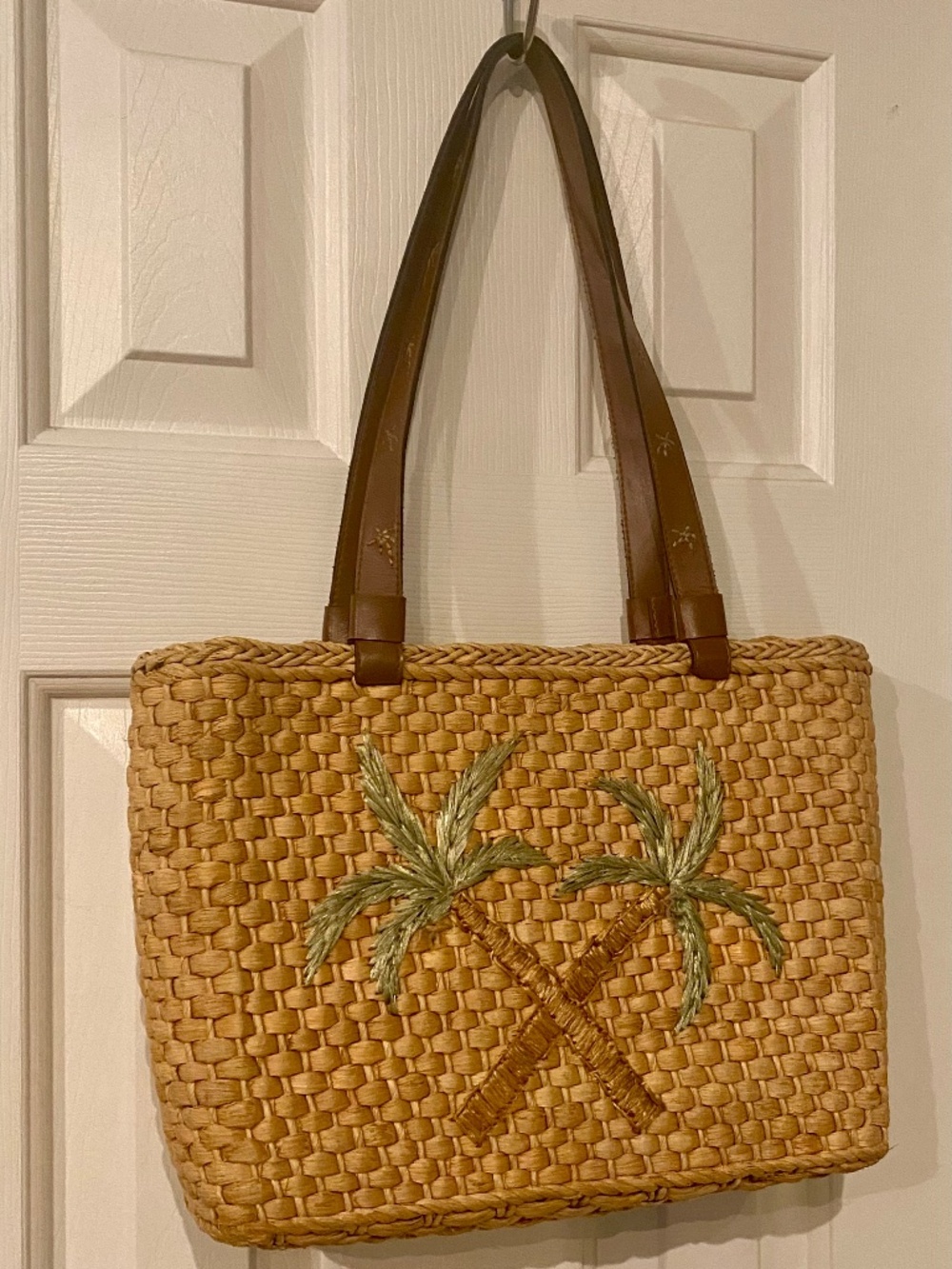 🌴Woven Straw Purse🌴 Brown straps with embroidered palm trees, Lined, Tropical